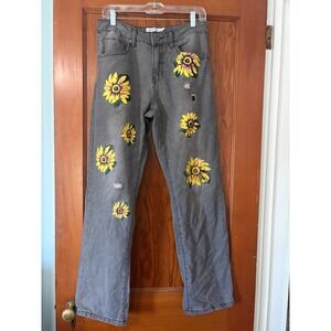 Misslook Sunflower Print Distressed Gray Denim Jeans Womens
